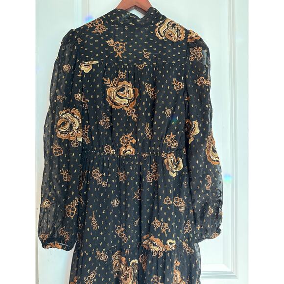 Express Black Gold Embroidered Midi Dress NWT Small Witchy Eventwear - Picture 12 of 16